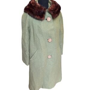 Rare Vintage 1950s - 60s  Bettyjean Green Swing Coat Real Fur Collar SZ. 8 MCM